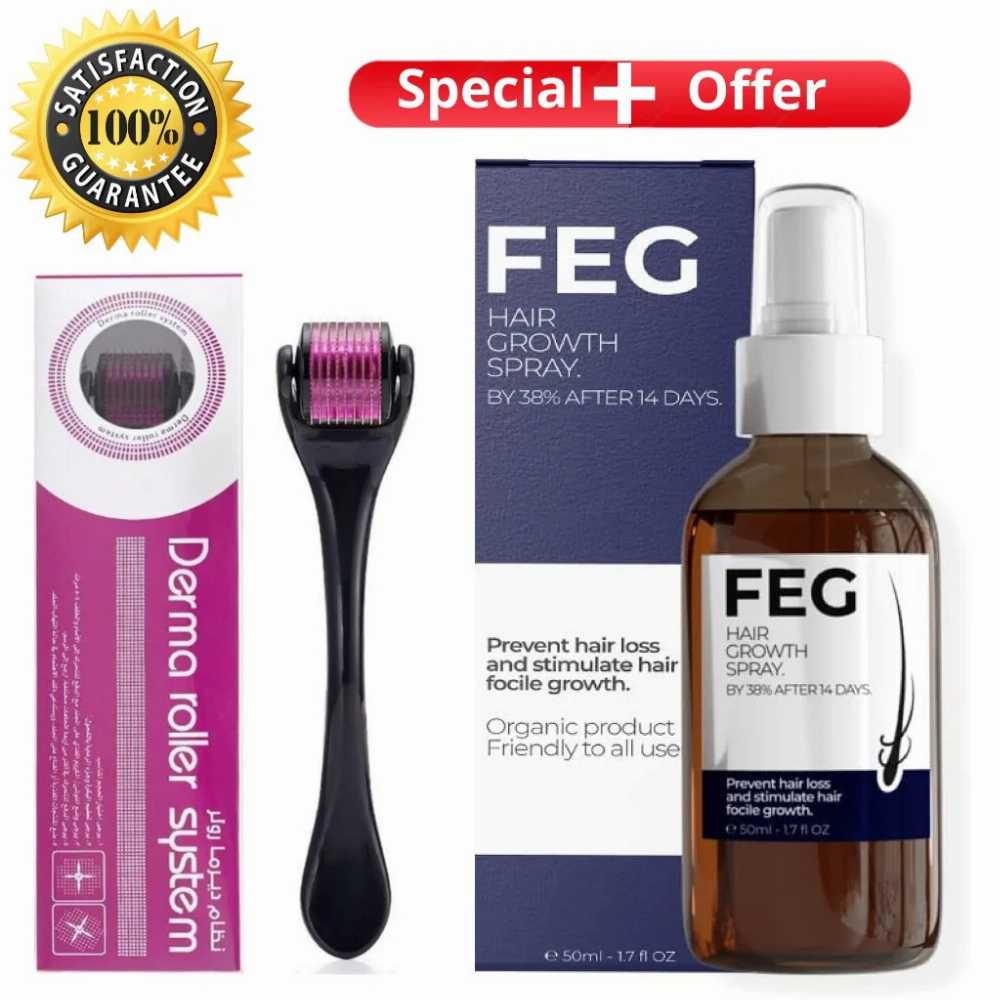 FEG Plus Hair Growth Spray (Pack of 2) & Scalp Derma Roller Set